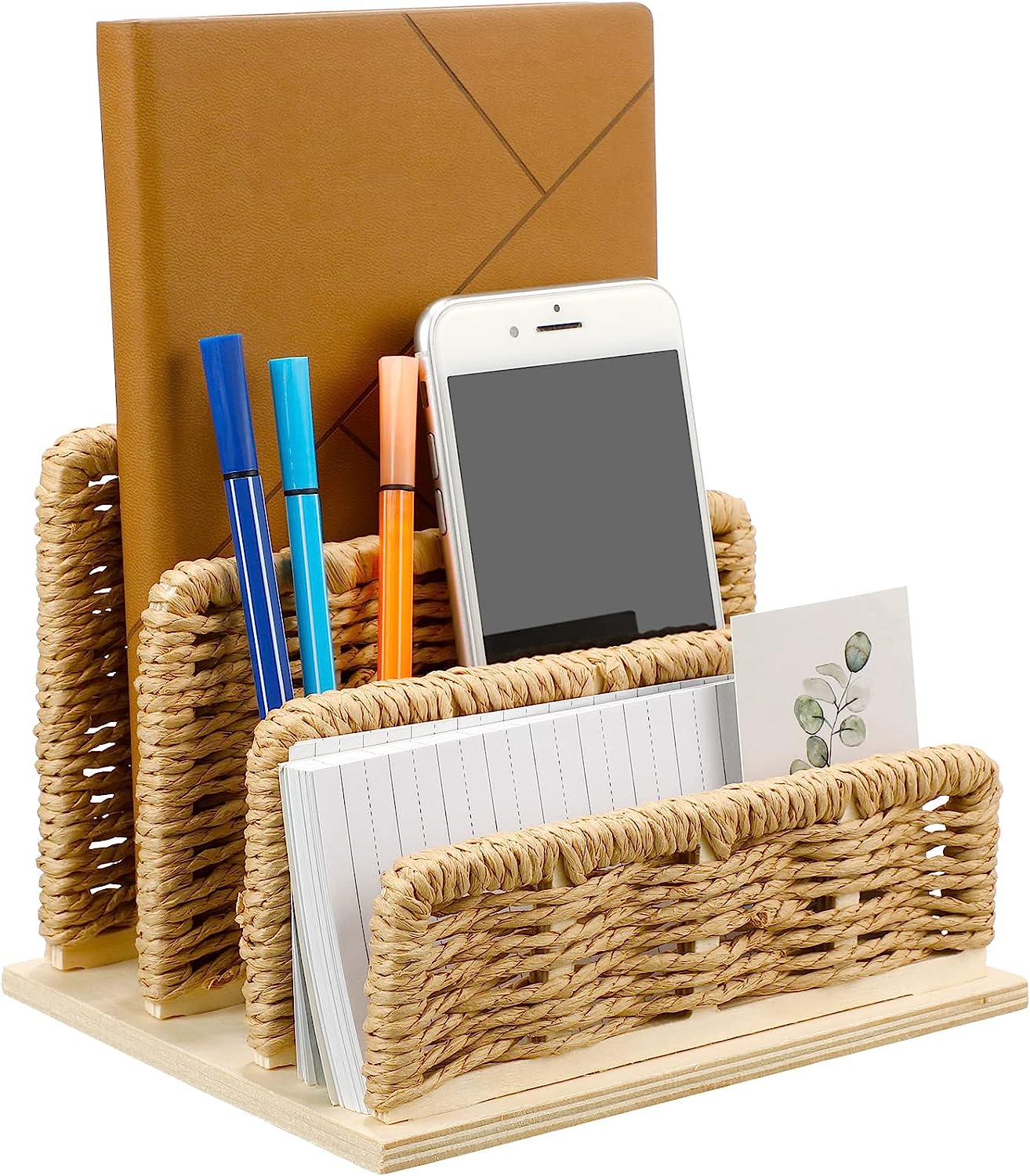 Woven Desk Mail Organizer Upright File Holders Vertical Mail Sorter Small Desk File Organizer Letter Paper Organizer Storage Office Desk Accessories Folder File Sorters for Desktop Home Office - Image 1